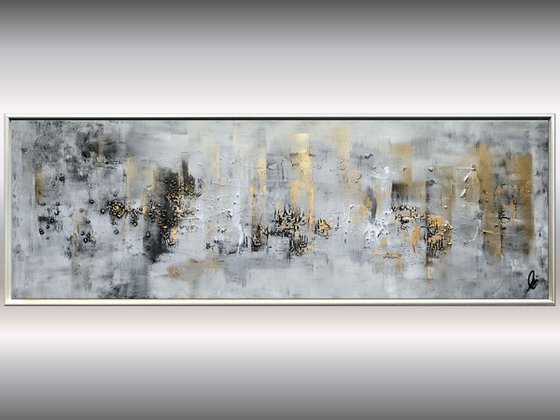 As Time Goes By  - abstract acrylic painting, canvas wall art, black white gold, framed modern art