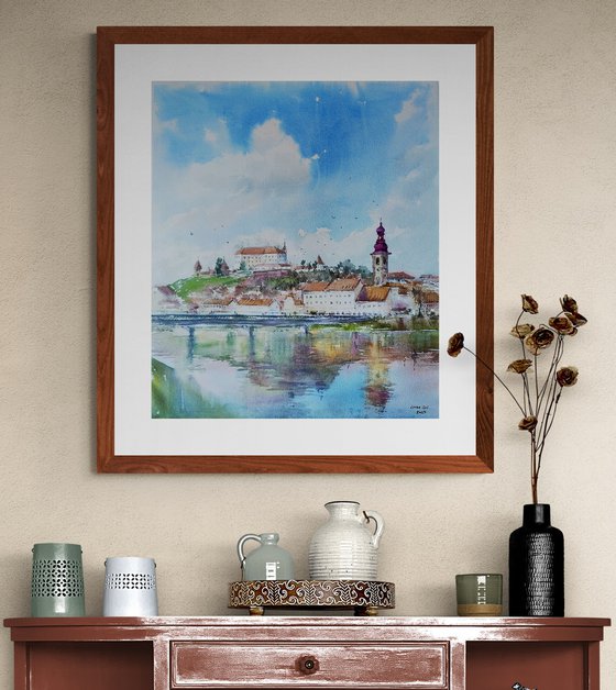 Ptuj castle, Slovenia city original watercolor hand-painted, Drava river lake bridge, Mediterranean Europe Impressionistic, Old town artwork