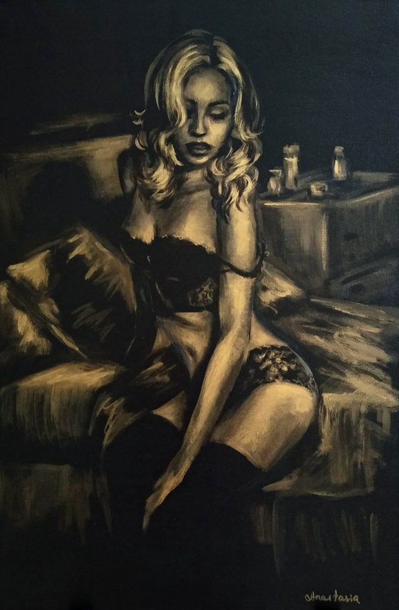 Erotic Art Sexy Woman Portrait Boudoir Scene Black and Gold Original Acrylic Painting