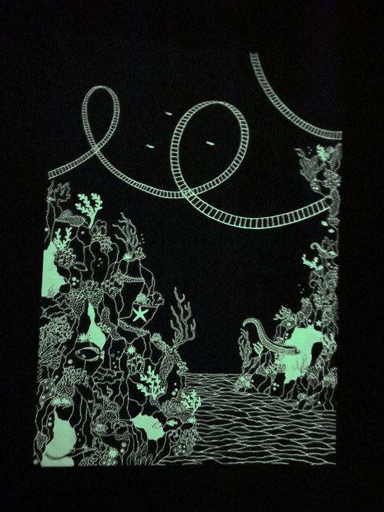 Underwater Rollercoaster (Eco Gothic) - White on Turquoise/Glow in the Dark