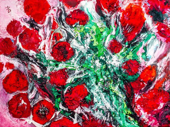 "Indian Roses". Original Semi-Abstract Painting. Signed, Handmade Artwork.