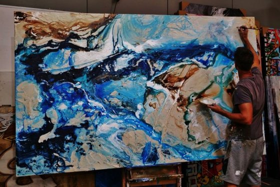 The Natural Grace 250cm x 150cm Blue Cream Abstract Art