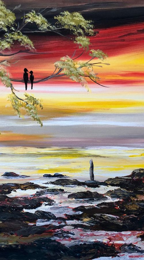 Love birds in a tree by sunset by Marja Brown