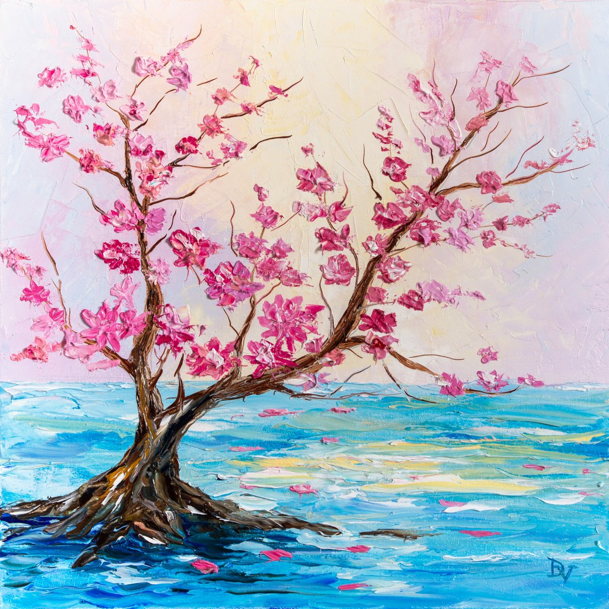 Impressionistic Botanical Oil Painting By Vladyslav Durniev, 16 X 16", Lonely Sakura, Original Artwork