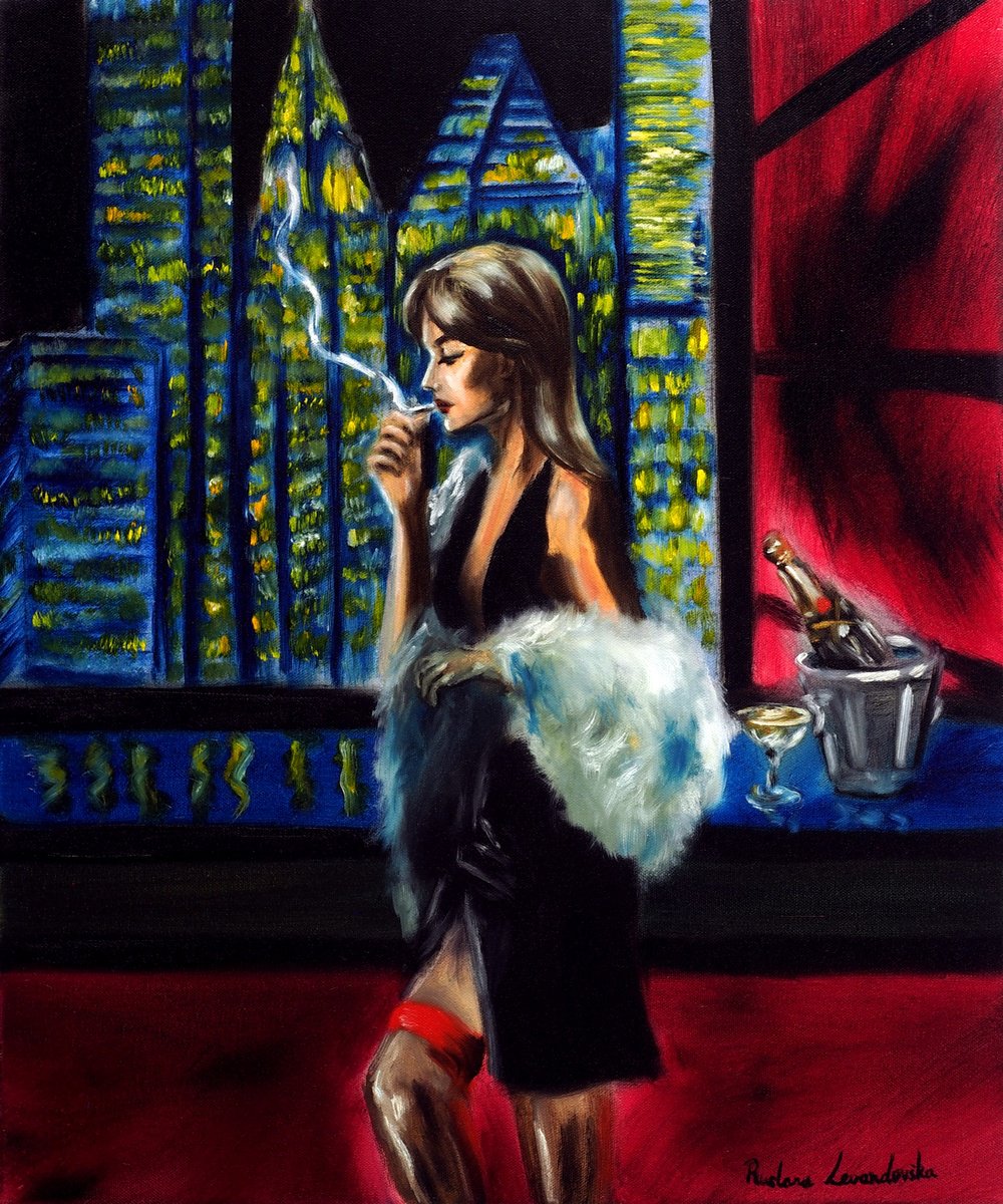 Impressionistic Portrait Oil Painting By Ruslana Levandovska, 20 X 24", Lady In The City Night, Original Artwork