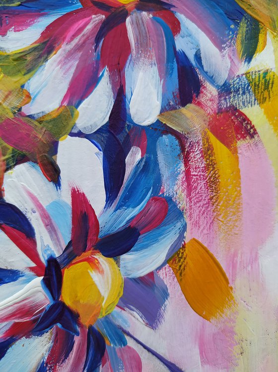 In flowers - birds, flowers and birds,painting, chamomile flowers, bouquet, acrylic painting, flower, painting original, flowers painting floral,art, gift, home decor