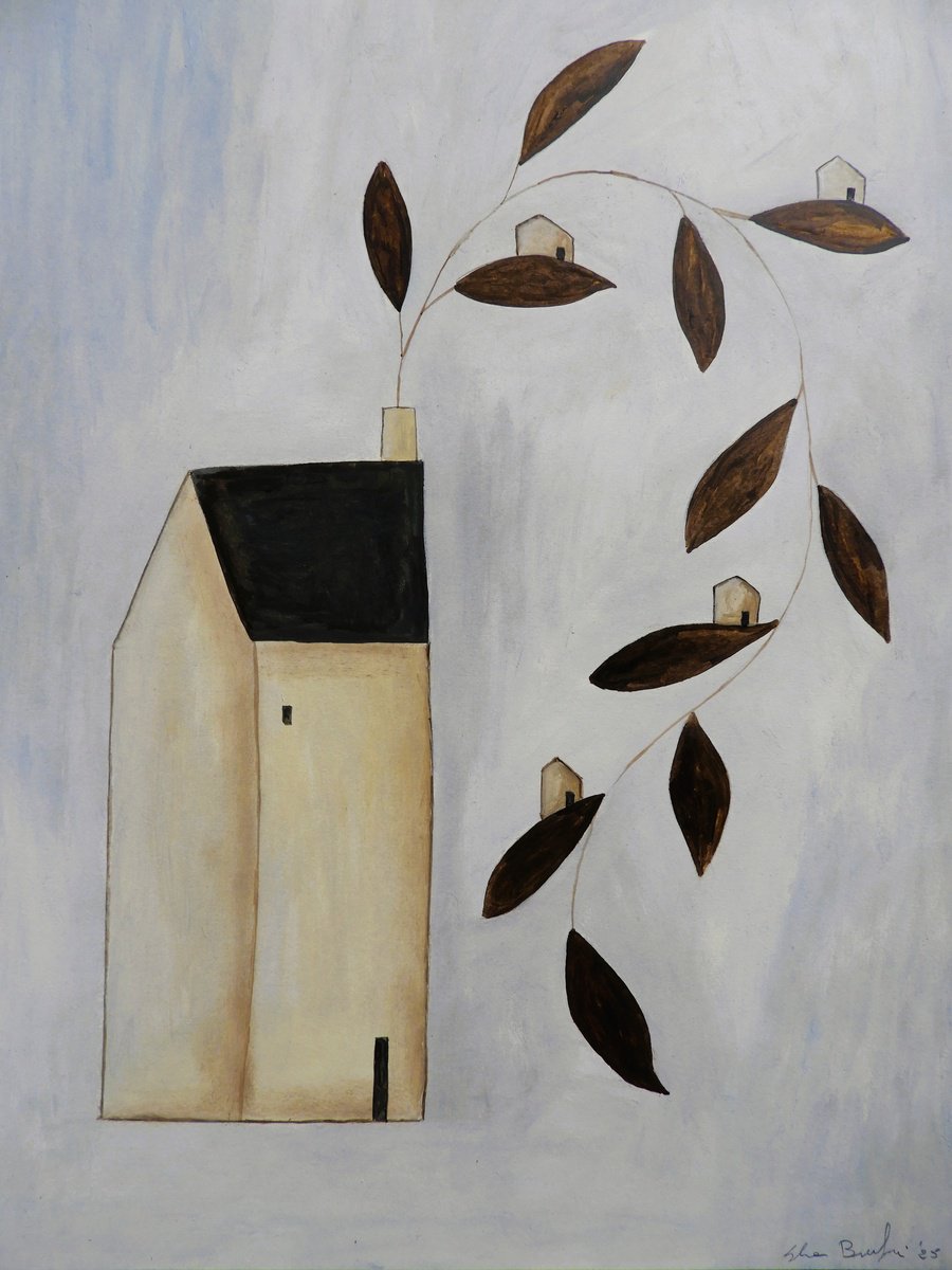 Illustrative Oil Painting , Plant Growing Through The Roof Of The House By Silvia Beneforti, 12 X 17, Artwork For Sale On Artfinder