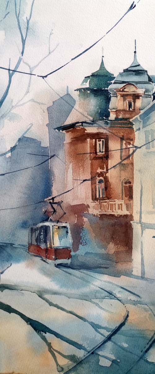 "Tram on the streets of Lviv, Ukraine" city landscape - Original watercolor painting by Ksenia Selianko