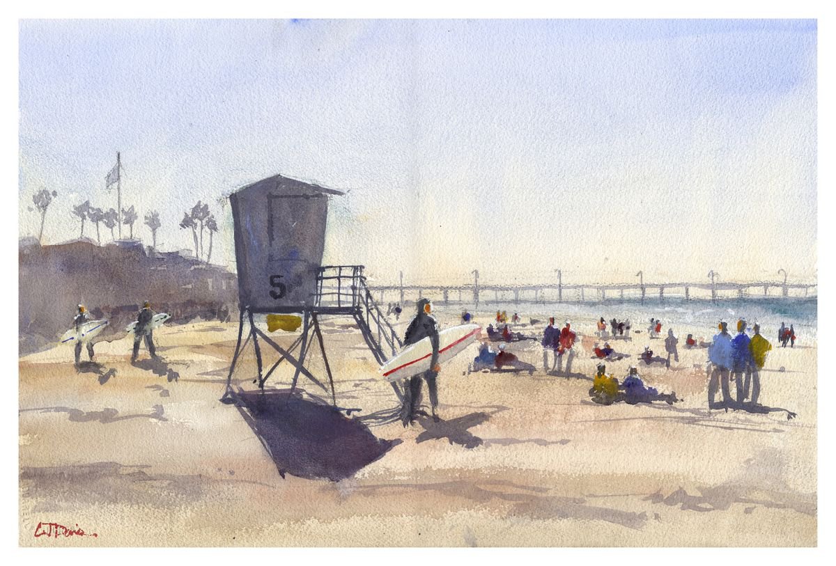 Impressionistic Landscape Watercolour By Cj Davis, 22 X 15, Surfs Up, Original Artwork