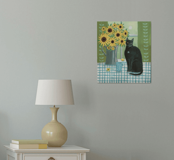 Black Cat with sunflowers