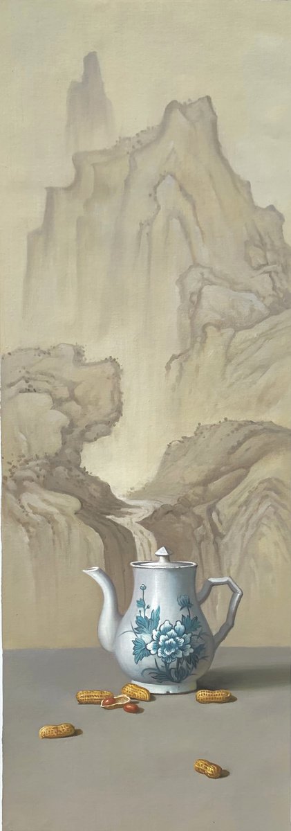 Photorealistic Still Life Oil Painting By Kunlong Wang, 14 X 39", Still Life Zen Art: Chinese Teapot With Peanuts T163, Artfinder