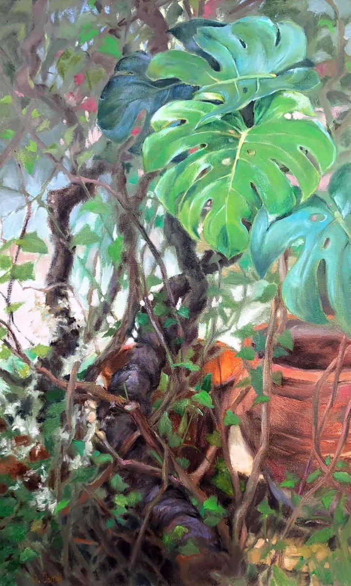 Impressionistic Botanical Oil Painting By Procach Olesia, 22 X 35", Liana And Monstera, Original Artwork