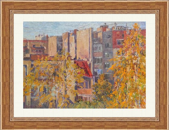 Golden autumn - bright colours, urban landscape,oil painting
