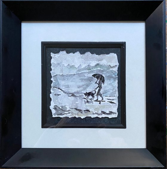 Walking in the rain Original Watercolor Black and White on handmade paper Matted Black Frame