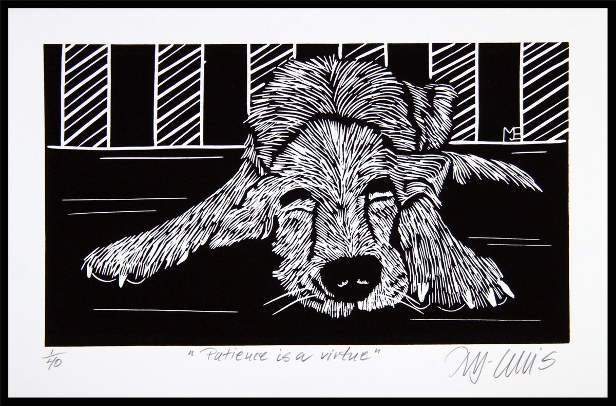 Illustrative Animal Linocut By Mariann Johansen-Ellis, 16 X 10", Patience Is A Virtue, Original Artwork