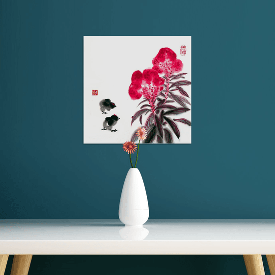 Celosia, Chicks and a Ladybug
