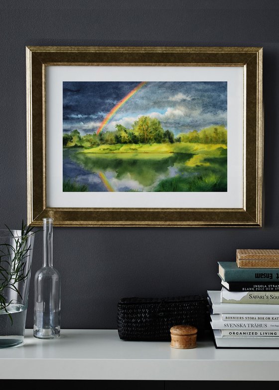 Rainbow Summer Landscape - rainbow over the lake