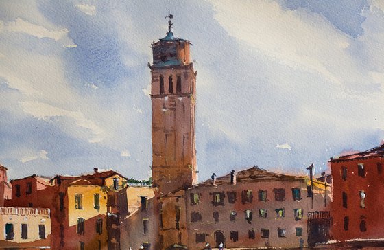 Venice. Sunny square. Medium format watercolor urban landscape Mediterranean italy sea bright architecture old travel