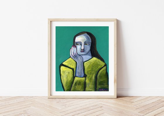 Lady with big hands - Vintage Figurative Expressionism Green sitting woman