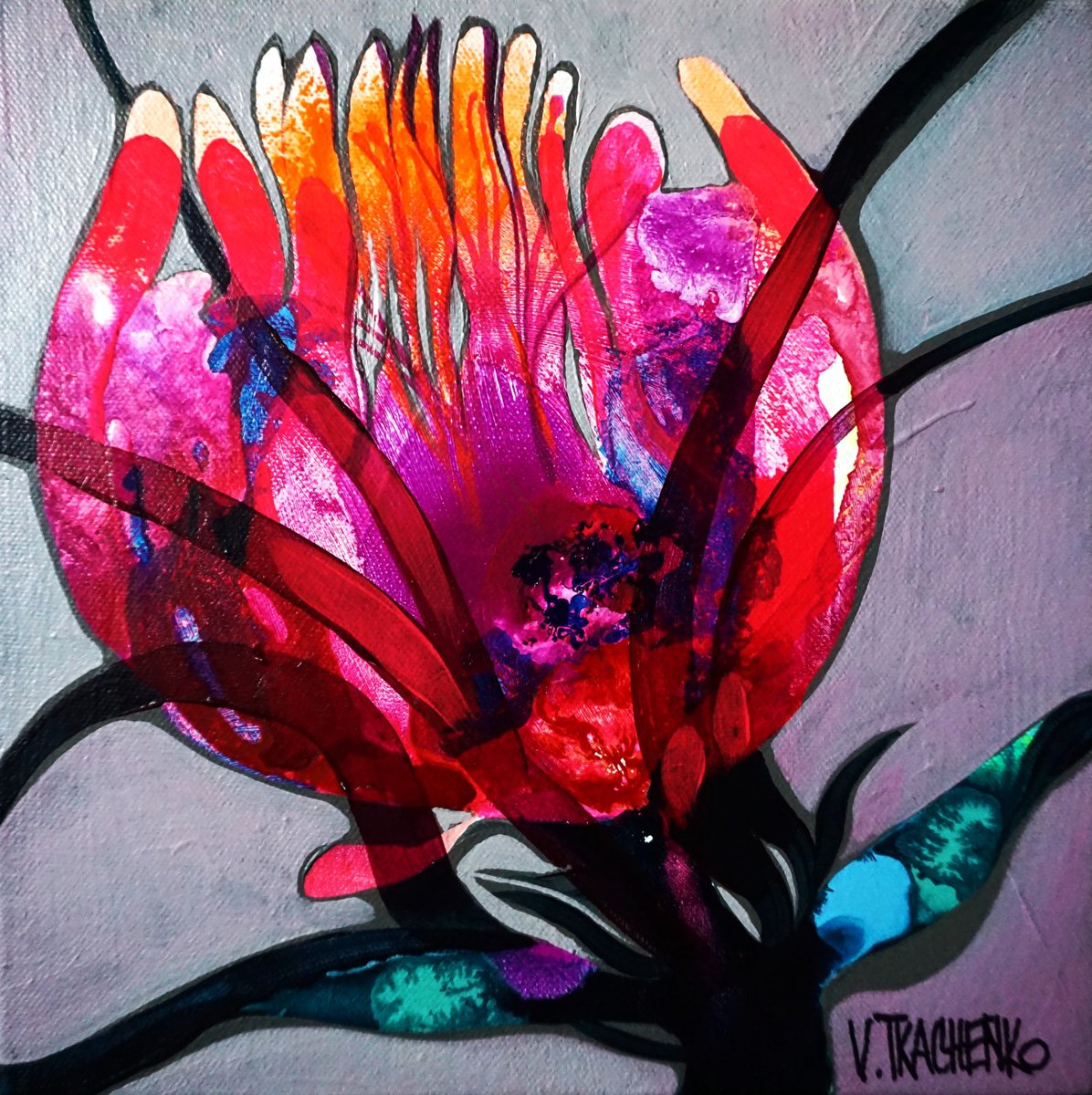 Organic Botanical Acrylic Painting By Victor Tkachenko, 10 X 10", Flower Sd, Original Artwork