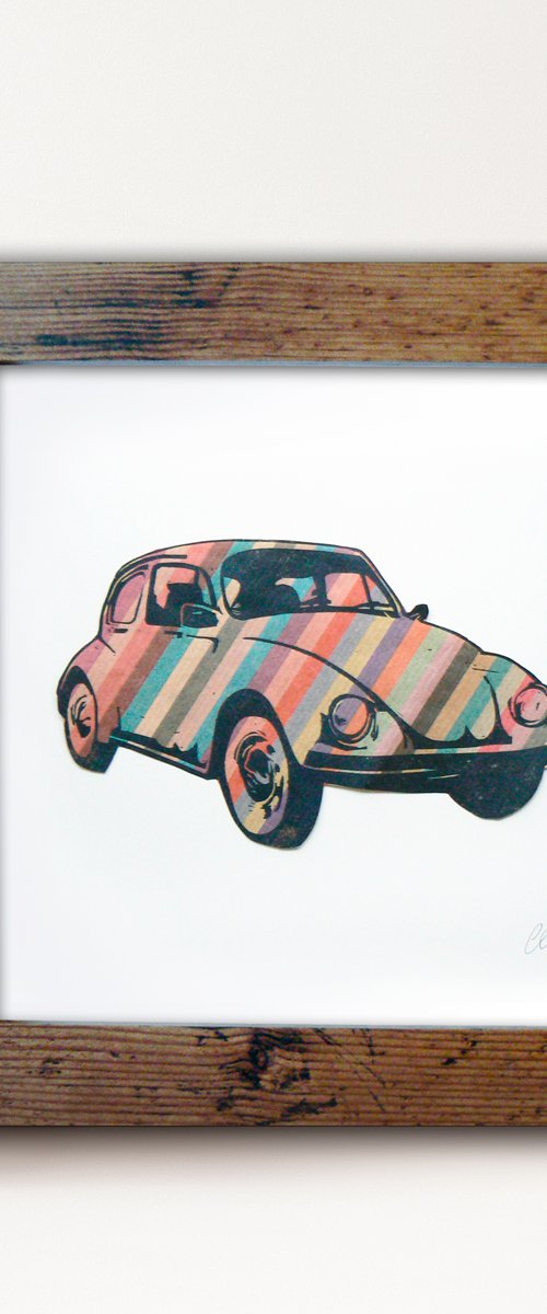 Framed stripy Beetle print (1960's - 1970's VW Beetle car - one of a kind - lino-print collage) by Carolynne Coulson