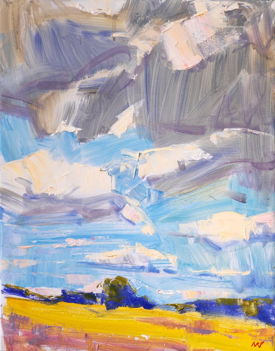 Expressive Landscape Oil Painting By Vasyl Moldavchuk, 14 X 18", Blue And Yellow, Original Artwork