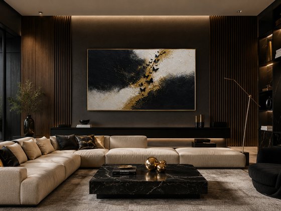Abstract Gold with 3D Black Butterflies