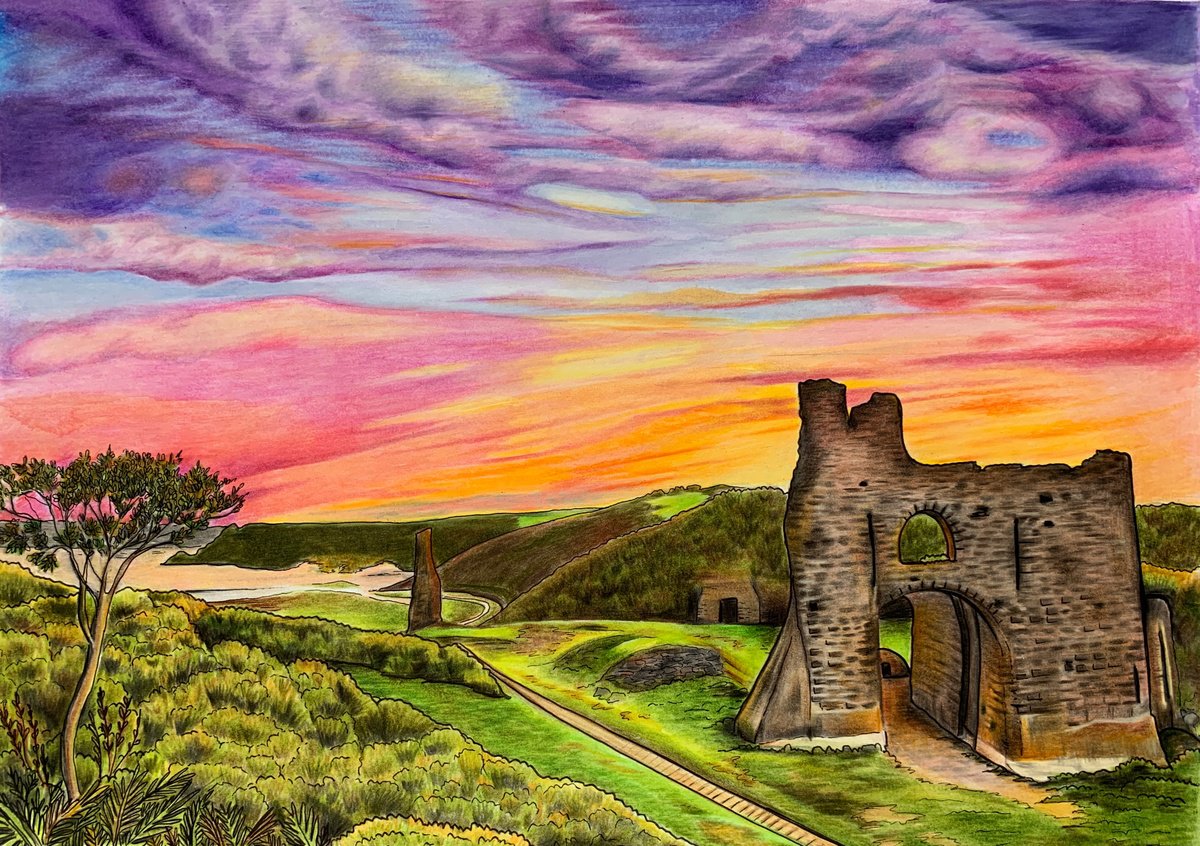 Illustrative Painting , Sunrise At Pennard Castle By Karen Elaine Evans, 17 X 12, Artwork For Sale On Artfinder