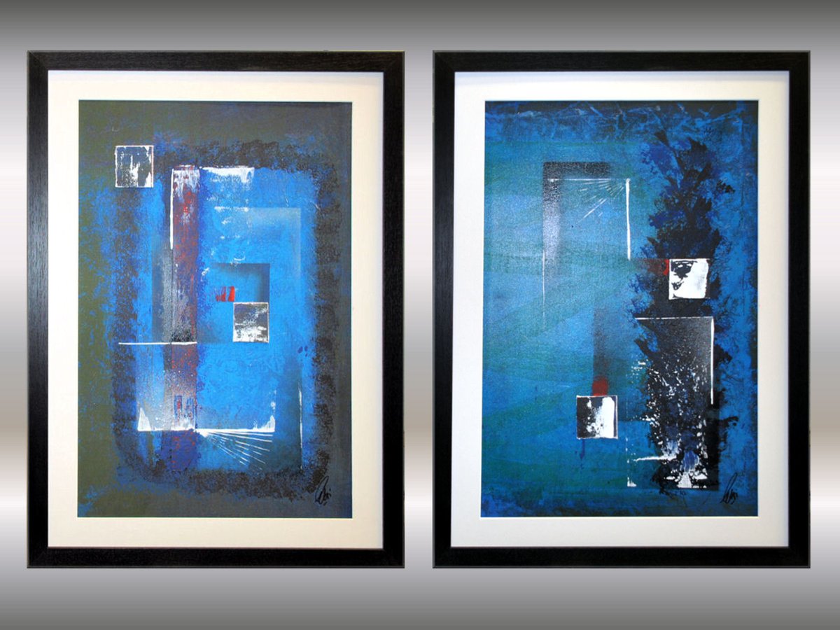 Blue Composition - Acrylic Art Painting, Framed, Matted Painting, Abstract Painting, Larg... by Edelgard Schroer