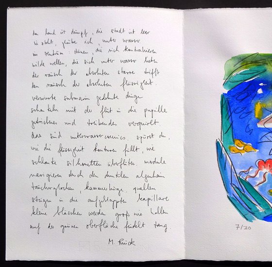 Monika Rinck: City under water, Variant 7 - handwritten poem and original gouache