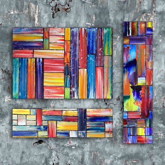 "Built For This" -  Save As A Series - Original PMS Abstract Triptych Oil Paintings On Wood - 34" x 32"