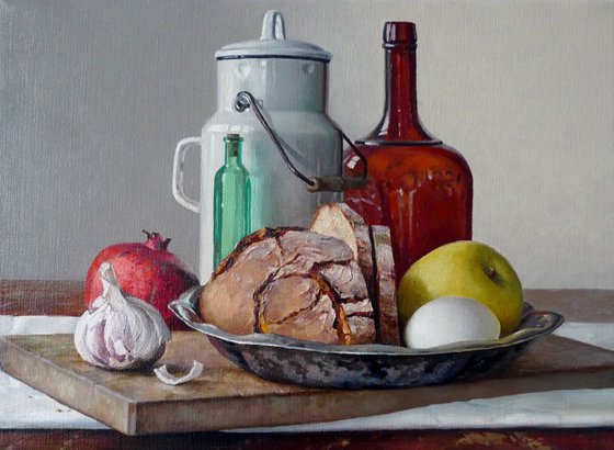 Still life with bread and garlic