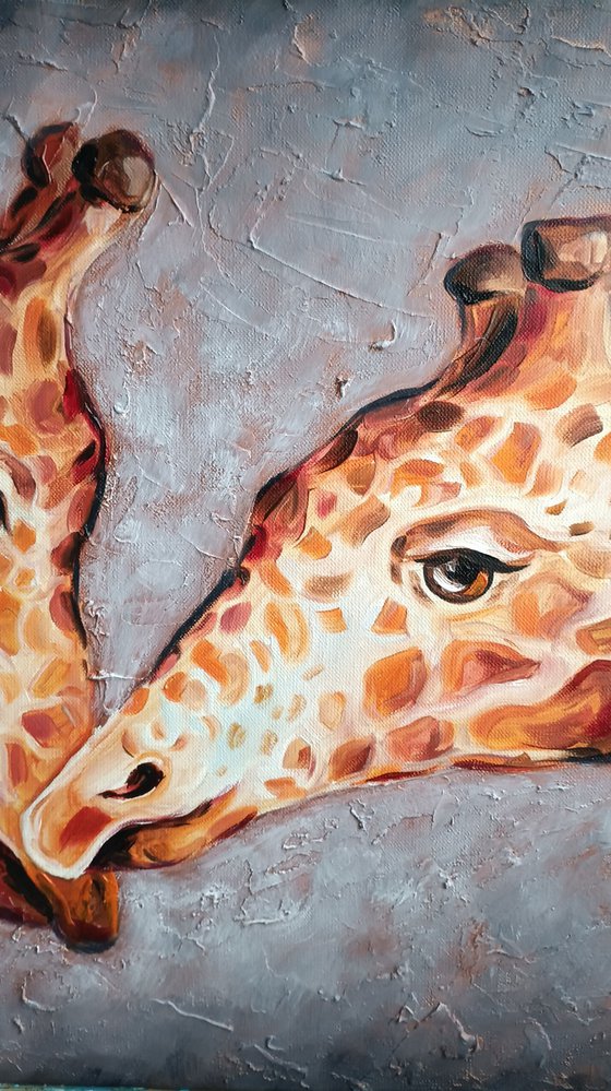 Touch - animal, giraffes, animal face, lovers, painting on canvas, love, gift, animals art, animals oil painting