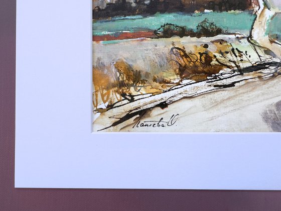 Road among fields. Abstract drawing.