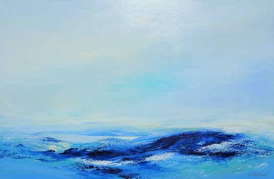 SKY MEET OCEAN. Abstract Blue Sea Waves Acrylic Painting on Canvas, Contemporary Seascape, Coastal Art