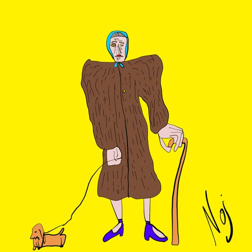 Old woman in fur walking with dachshund by Mattia Paoli