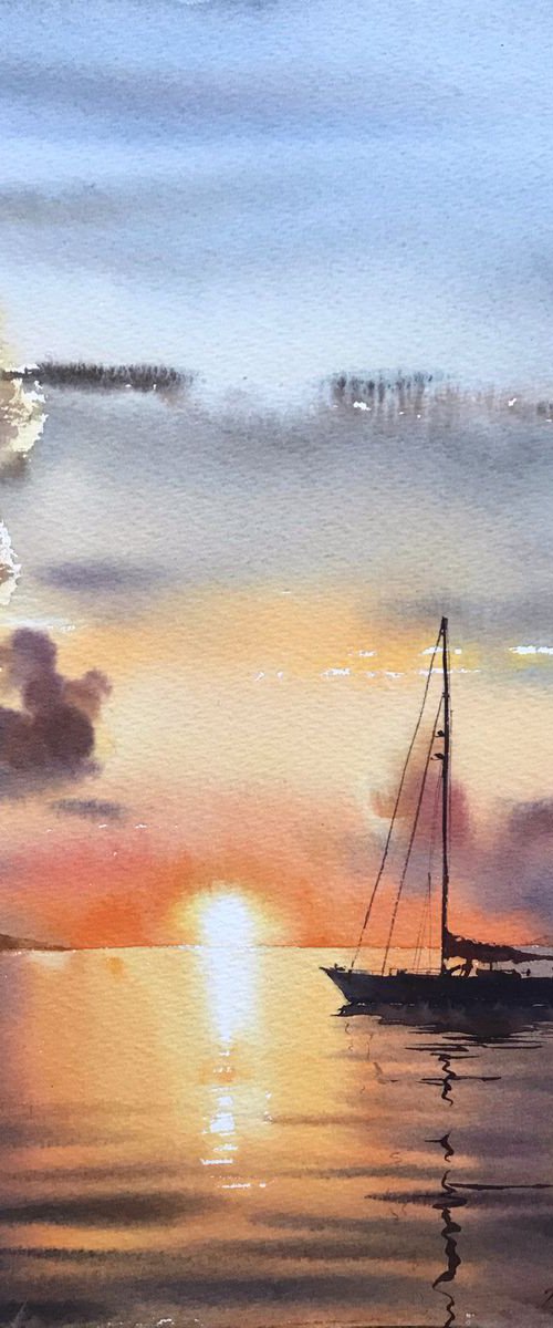 Sailing yacht and fire sunset by Eugenia Gorbacheva