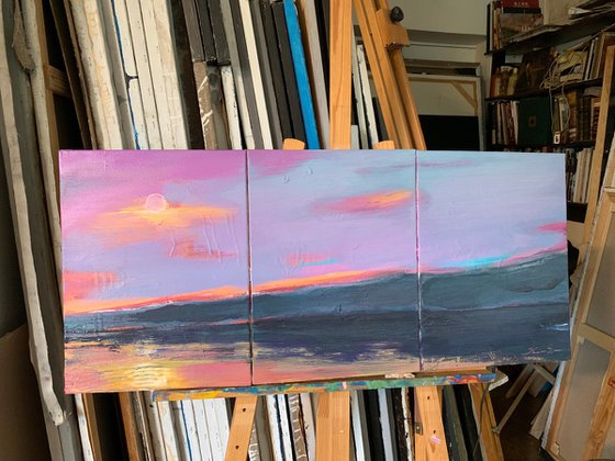 Bright landscape - "Violet mountain" - Seascape - Triptych - Minimalism - Sunset