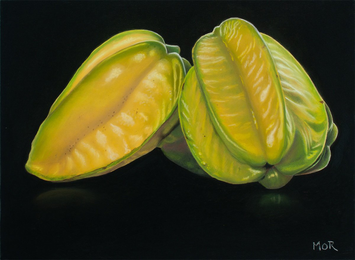 Photorealistic Still Life Pastel Drawing By Dietrich Moravec, 16 X 12, Starfruits, Original Artwork