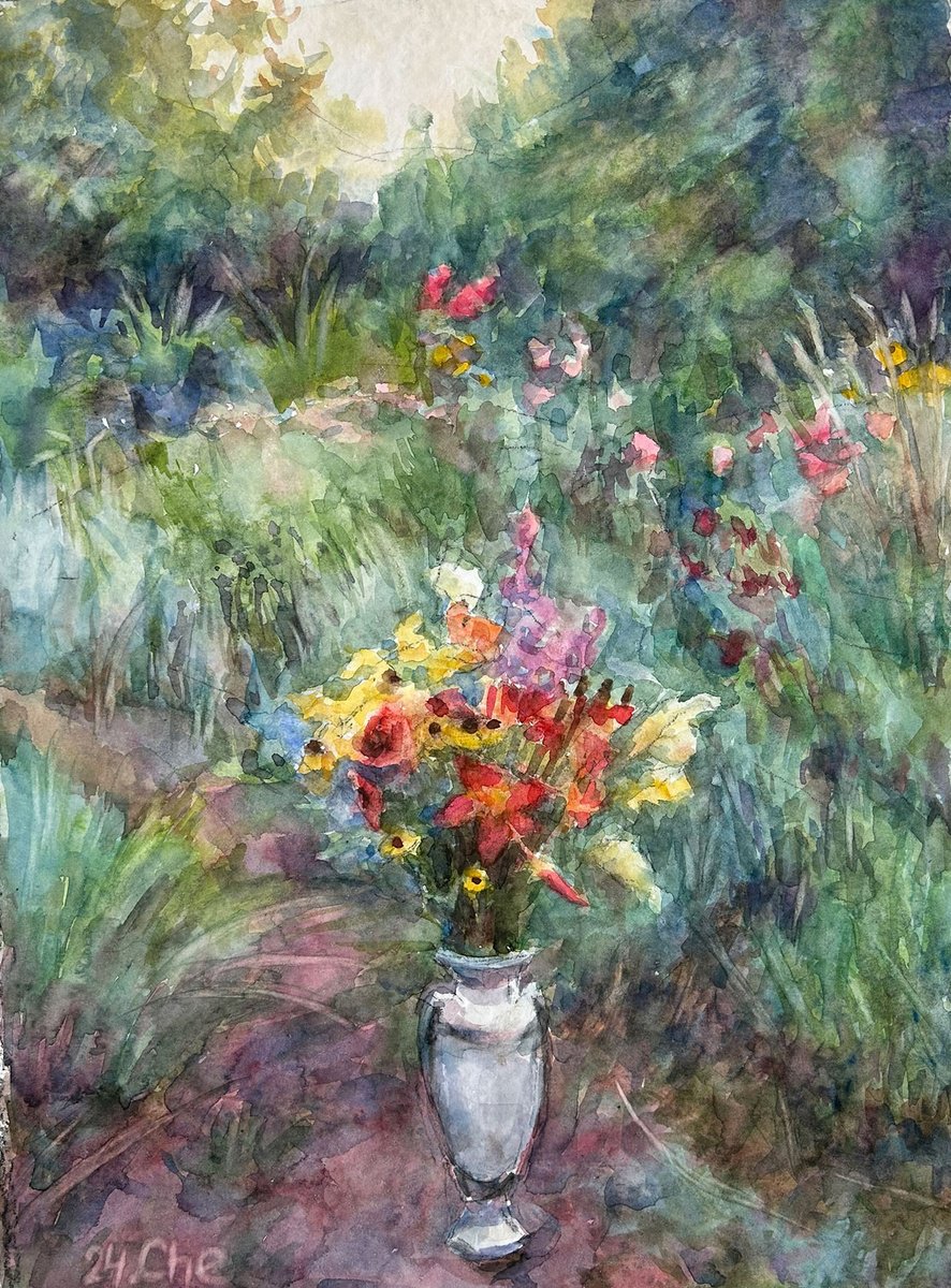 Impressionistic Botanical Watercolour By Liudmyla Chemodanova, 12 X 17", In The Garden, Original Artwork
