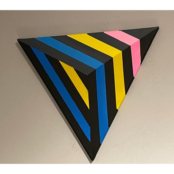 Original Modern Abstract Geometric Op Art Framed Triangle Shaped Canvas Painting