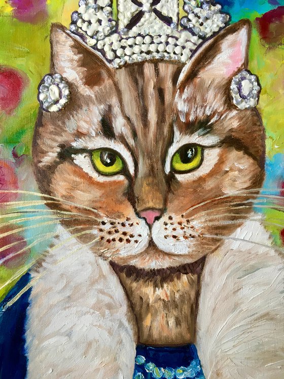 Cat La Queen FELINE ART.  Original oil painting for cat lovers