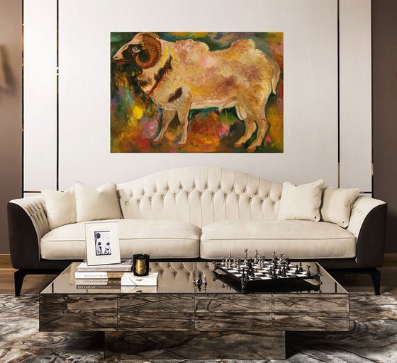 MUGAL RAM - Aries zodiac sign - animal art, original oil painting, large, cheep, fauna