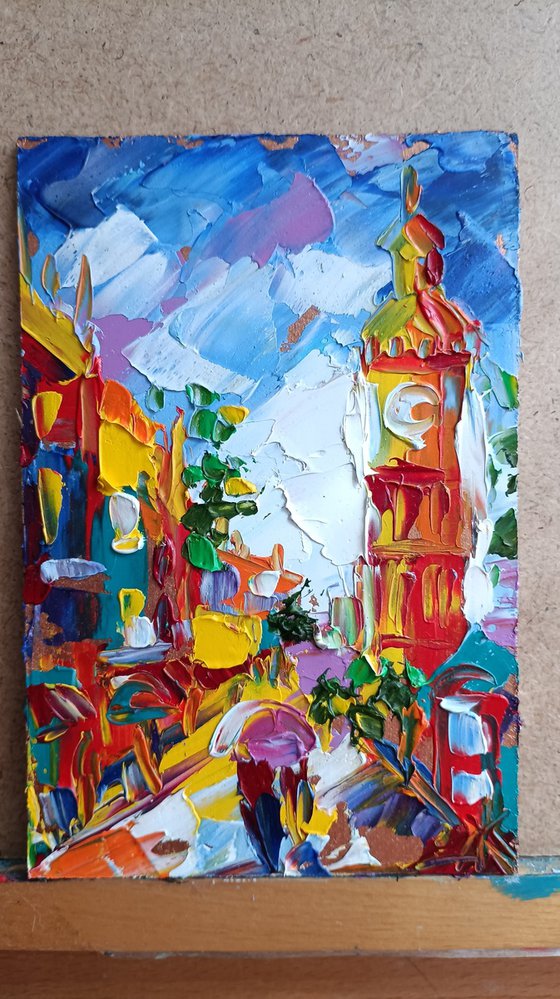 Big Ben view - small painting, United Kingdom cityscape, London, postcard, Big Ben, city, gift idea, gift, oil painting, big ben oil painting