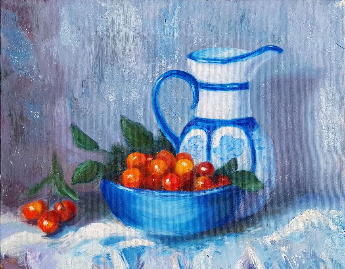 Impressionistic Still Life Oil Painting By Svetlana Grishkovec-Kiisky, 19 X 15", Still Life With Cherry, Original Artwork