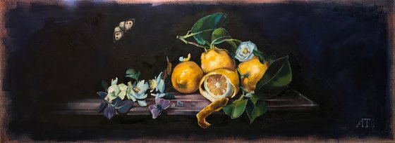 Still life with lemons, tea rose and butterflies