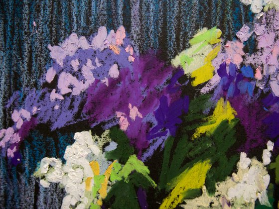 Still life with lilac. Home isolation series. Oil pastel painting. Small interior travel decor gift spain shadow original impression flower still life