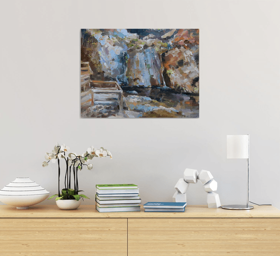 Joseph Howe waterfall, (plein air) original, one of a kind, oil on canvas impressionistic style painting  (18x24")