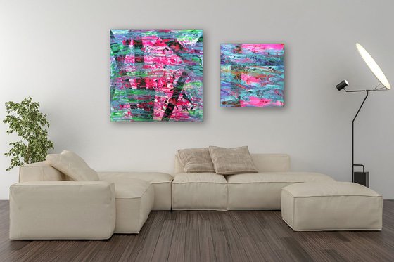 "Split Personalities" - FREE USA SHIPPING - Original Large PMS Abstract Diptych Acrylic Paintings On Canvas - 50" x 30"