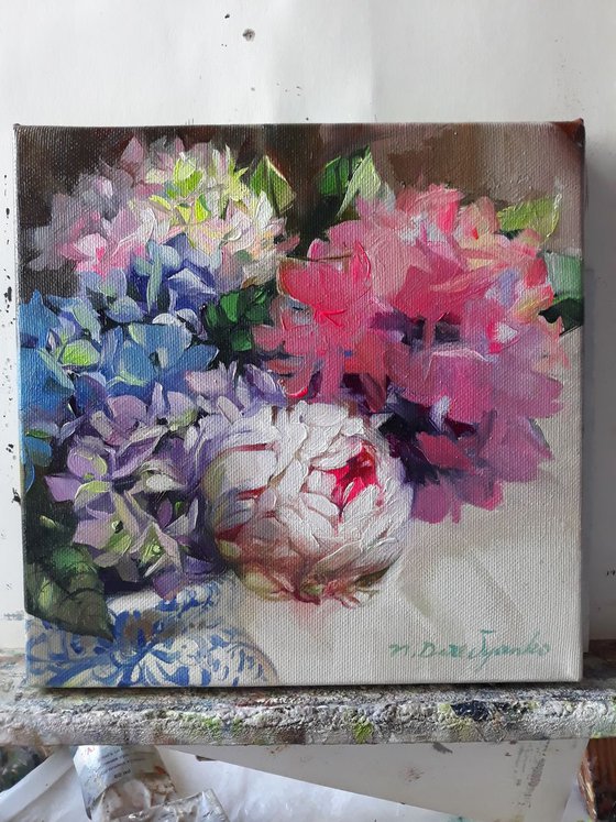 Hydrangea and peonies flowerspainting on canvas